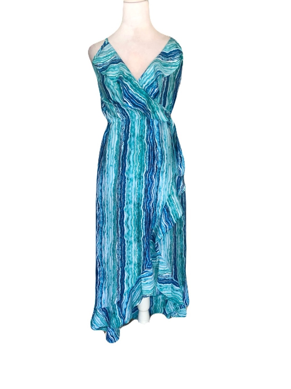 Tommy Bahama Women’s XS Blue & Aqua Abstract Striped Wrap Midi Dress Resort
